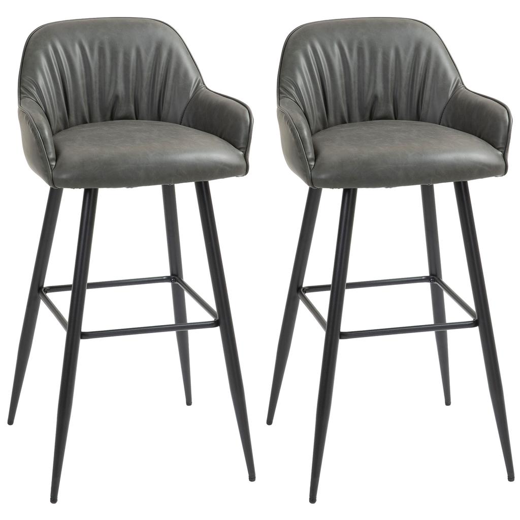 Set of 2 Modern Bar Stools with Footrest and Backrest, PU Faux Leather and Steel, Grey
