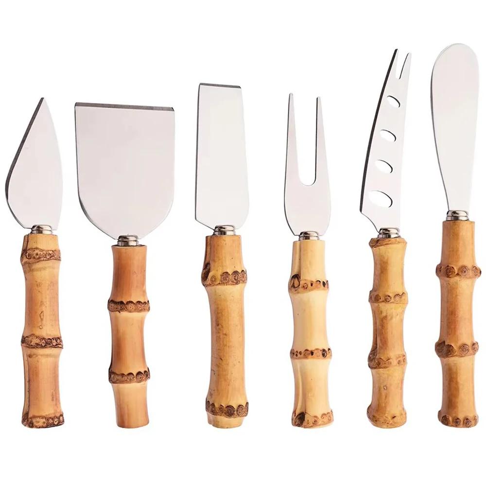 6Pcs Steel Stainless Cheese Cutter Knives Natural Bamboo Handle Cheese Slicer Cheese Cutter Tableware Kitchen Baking Tool Set