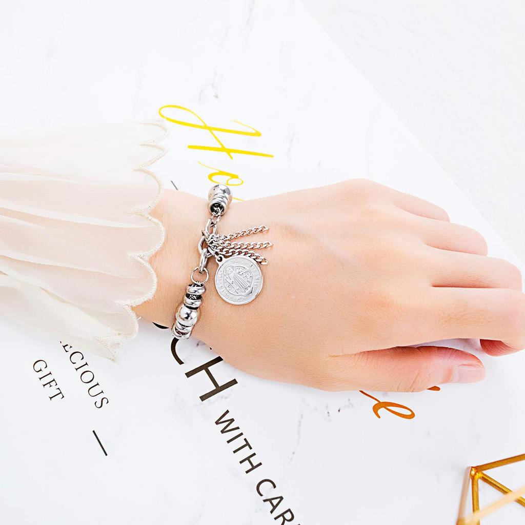 AIKS Curb Chain Popular Stainless Dangle Religious Adjustable Good Protection from Western Style Women's Bracelet, Brand, Silver, Steel, Bell, Chain,