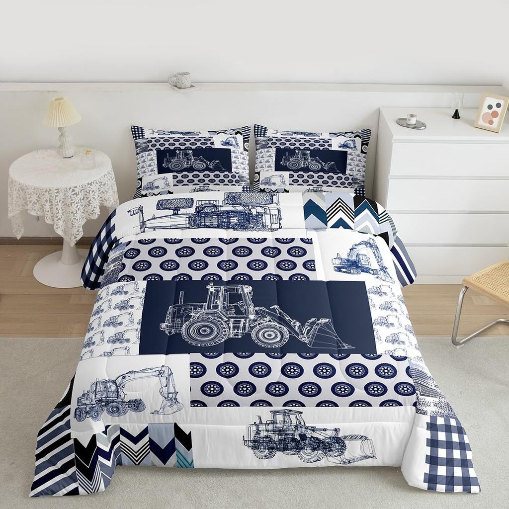 Feelyou Cartoon Car Kids Comforter Set Construction Bedding Set for Boys Toddler Decor Equipment Trucks Comforter Cartoon Car Excavator Trac