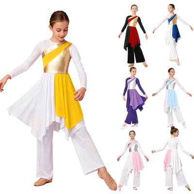 Asymmetrical Hem Metallic Dress & Wide-Leg Pants Set for Girls: Long Sleeve Praise Dance Outfit with Elastic Waistband
