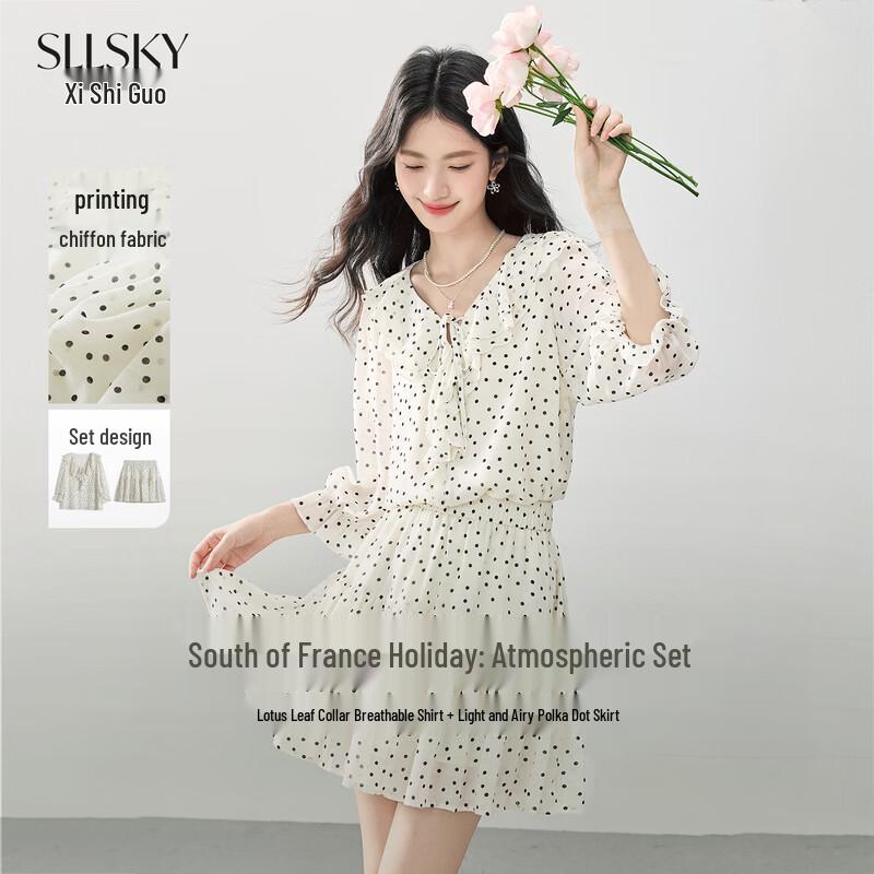 Women s French Holiday Polka Dot Ruffle Chiffon Two-Piece Set S