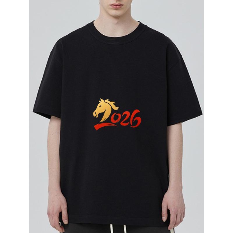 Черная футболка с принтом лошади и 2026 для повседневной носки S