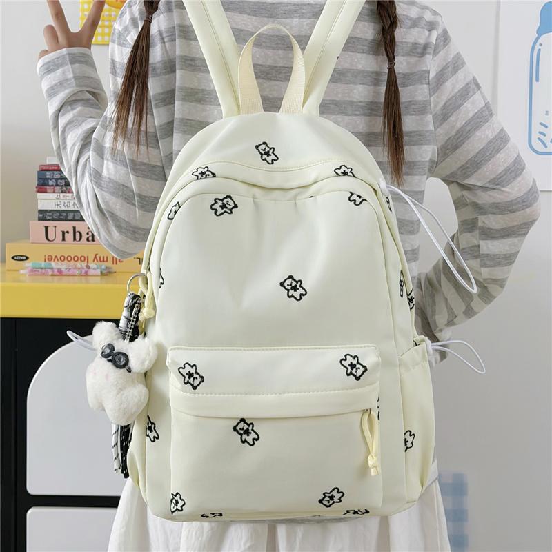 Cute Bear Print School Backpack with Front Pocket Side Drawstrings Casual Daypack for Daily Use