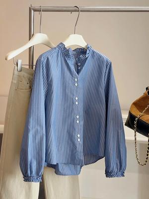 Korean Spring 2026 Women's Ruffle Lace Collar Stripe Shirt