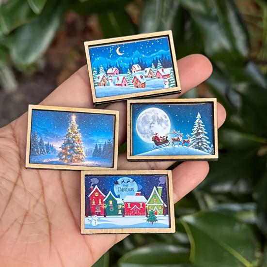 Mini Framed Christmas Pictures Wooden Xmas Scenes Decorations Miniature Framed Christmas Ornaments for Festive Decor DIY Craft