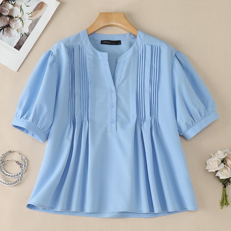 ZANZEA Blusa Casual da Donna Girocollo Tinta Unita Ampia Manica Corta