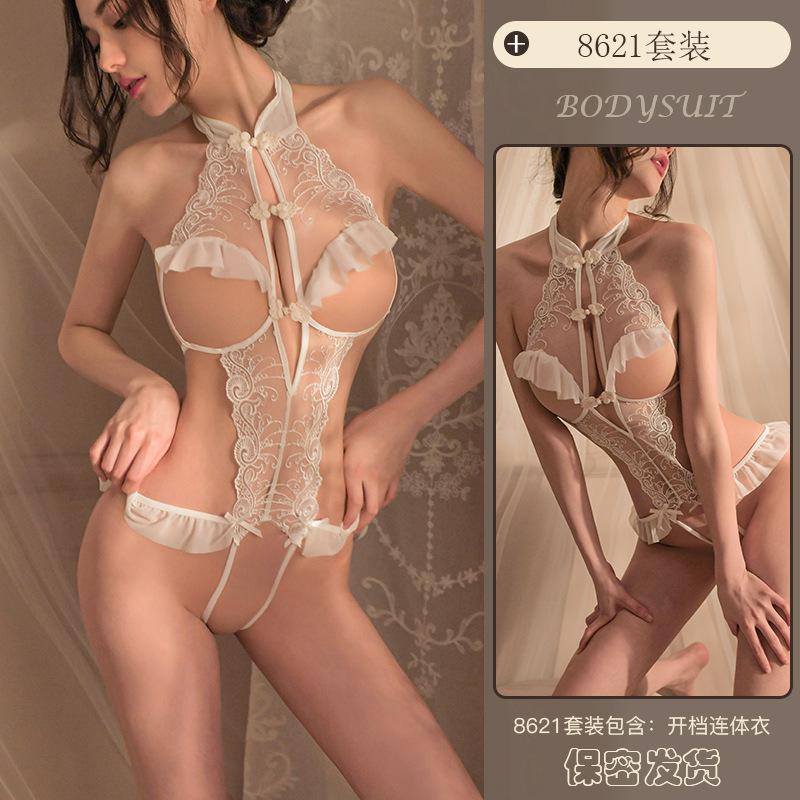 Erotic Underwear, Sexy Ancient-style Cheongsam Jumpsuit, Women's Lace Seductive, Cut-out Pajamas, Open Uniform 8621
