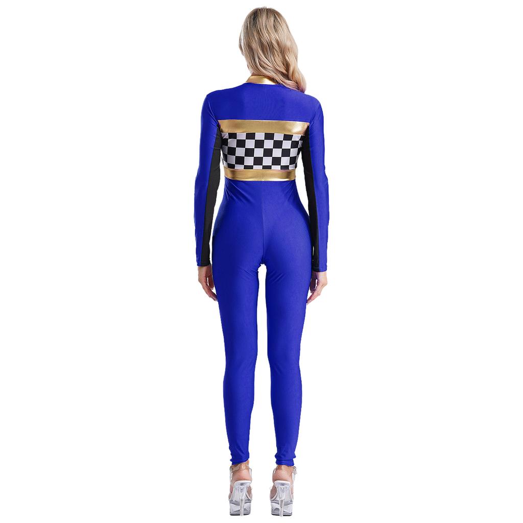 Womens Sexy Checkerboard Racing Jumpsuit Long Sleeve Long Pants Plaid Rompers Racer Driver Cosplay Cheerleading Bodysuit