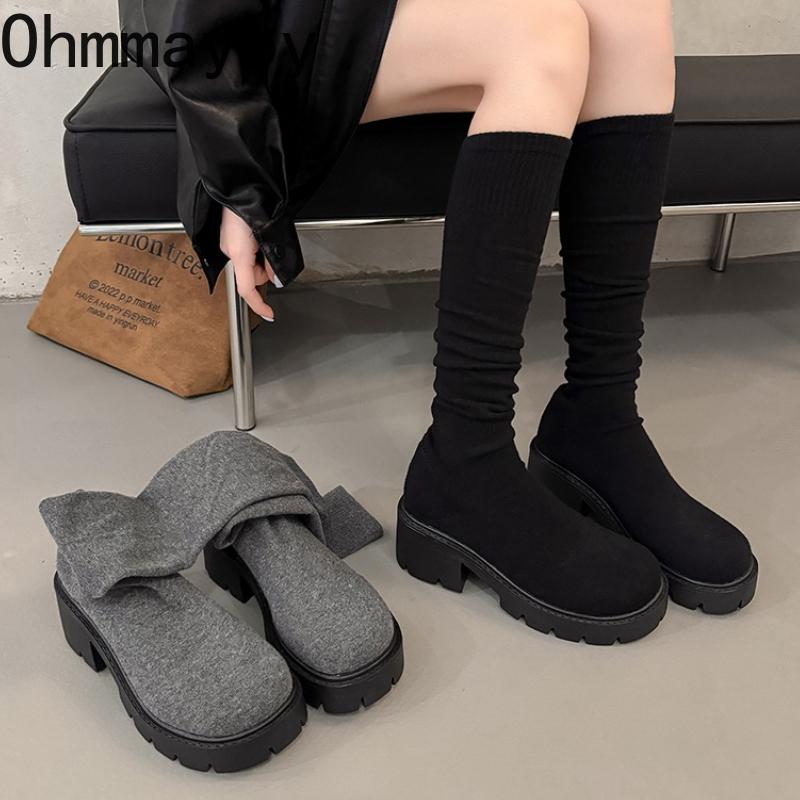 Winter Fashion Stretch Fabric Women Over The Knee Sock Boots Street Style Thick Heel Party Stripper Female Silm Long Booties