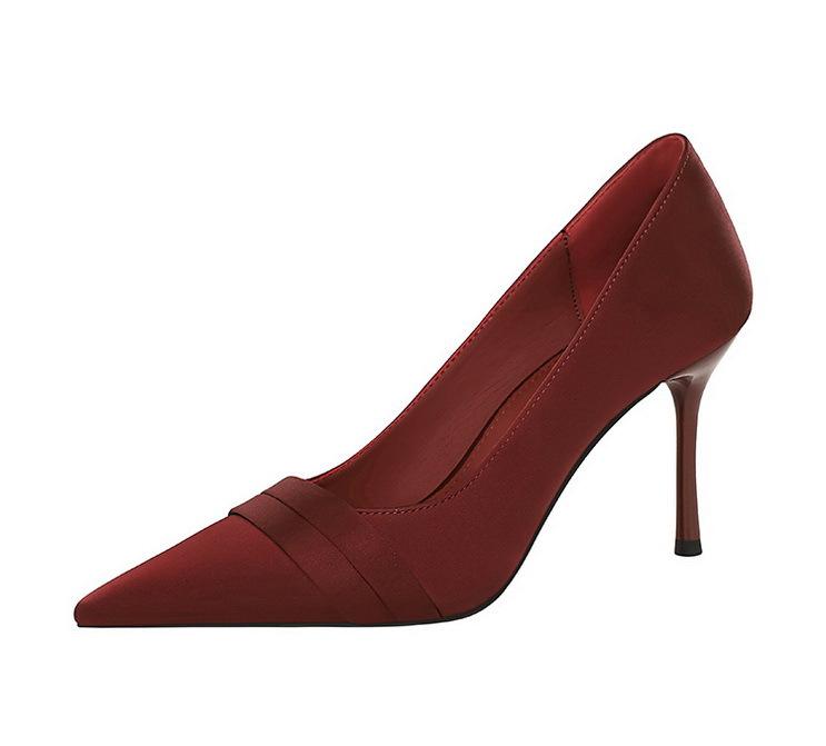 Fashion Women Heels European American Style Sexy Fashion Pointed Head Shallow Mouth High Heels Temperament Banquet Satin Stiletto Shoes