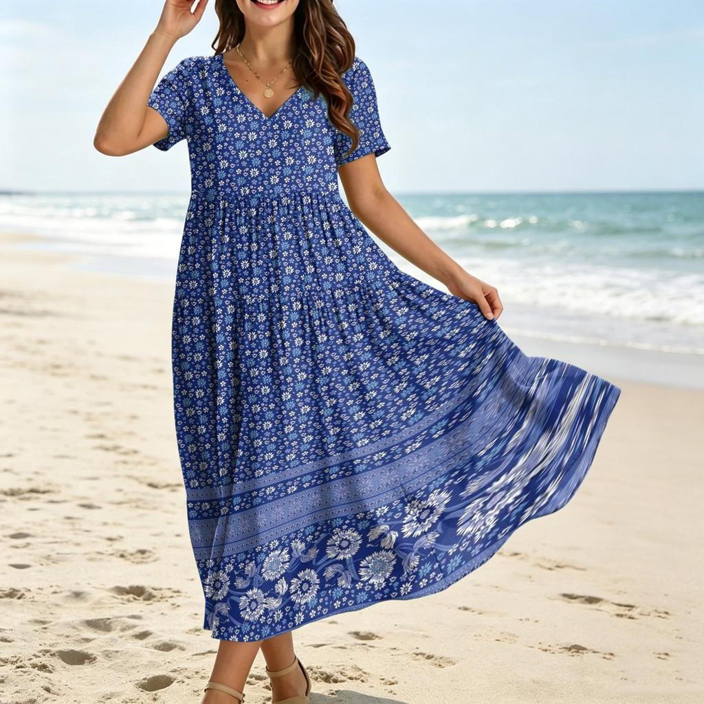 Frauen Casual Lose Bohemian Blumenkleid Kurzarm Lange Maxi Sommer Strand Swing Kleid
