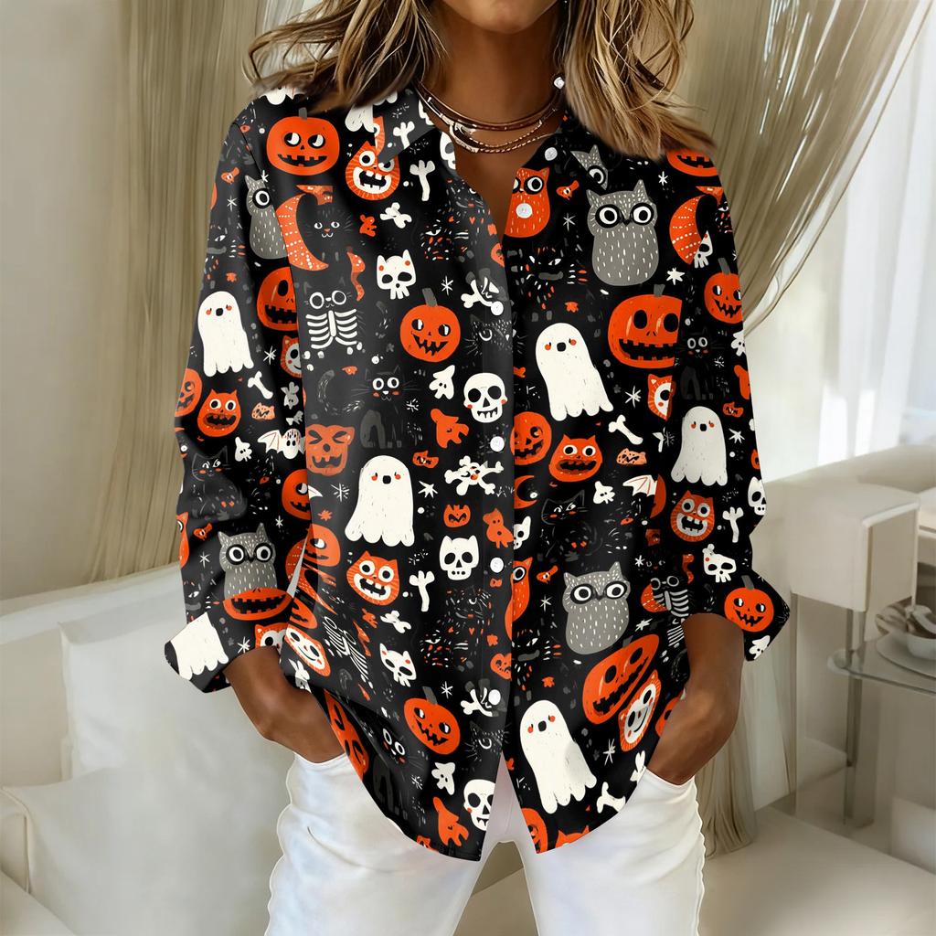 Women’s Halloween Print Button Down Long Sleeve Fit Shirt Turn Down Collar Top for Casual Daily Wear