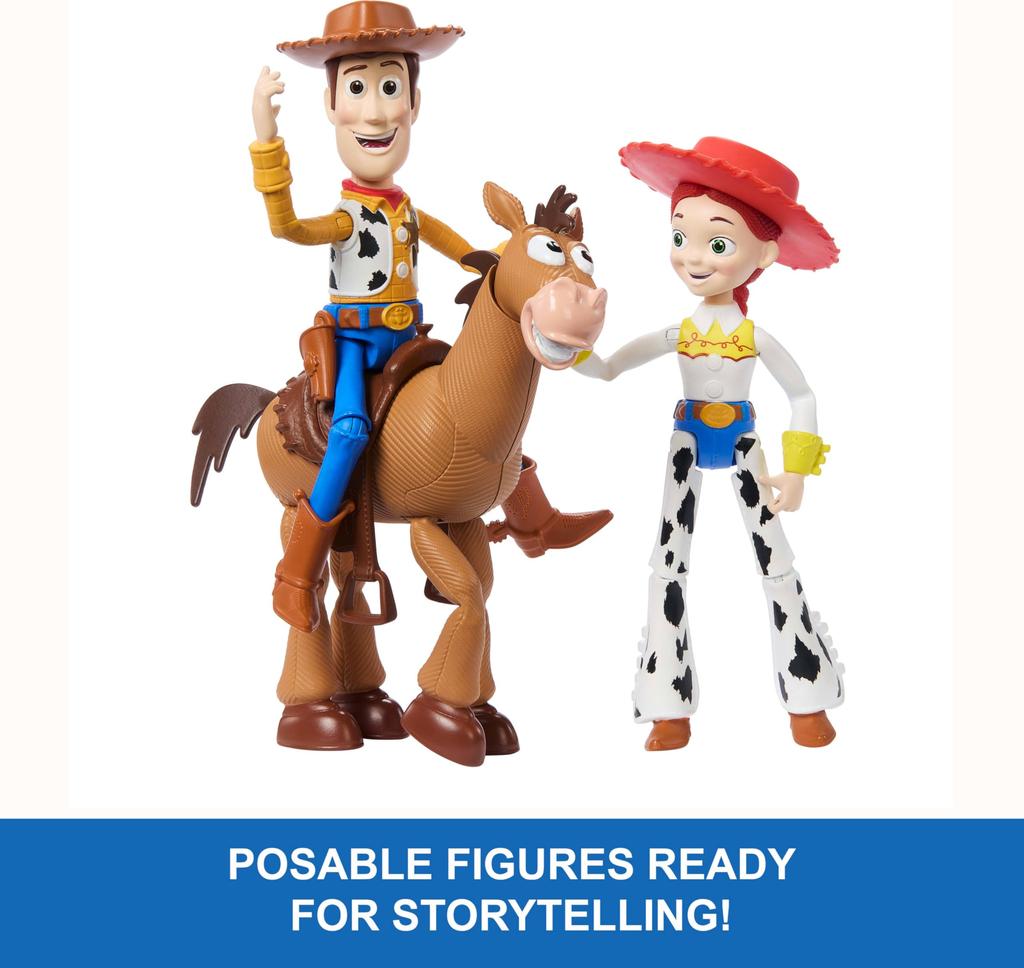 Mattel Disney Pixar Storytellers Toy Story Jessie fully articulated action main characters 3-Pack Woody, & Bullseye, 4-inch figures, collectibles.