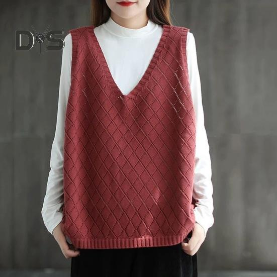 Πλεκτό πουλόβερ γυναικείο γιλέκο άνοιξη φθινοπώρου Ρετρό V λαιμόκοψη Φαρδύ αμάνικο μονόχρωμο πουλόβερ με κούφια υφή ρόμβου καθημερινά μπλουζάκι