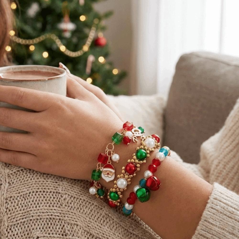 Layered Christmas Bracelet Set Red Green Stackable Bracelets Sweet Beaded Hand Chain  Holiday Party