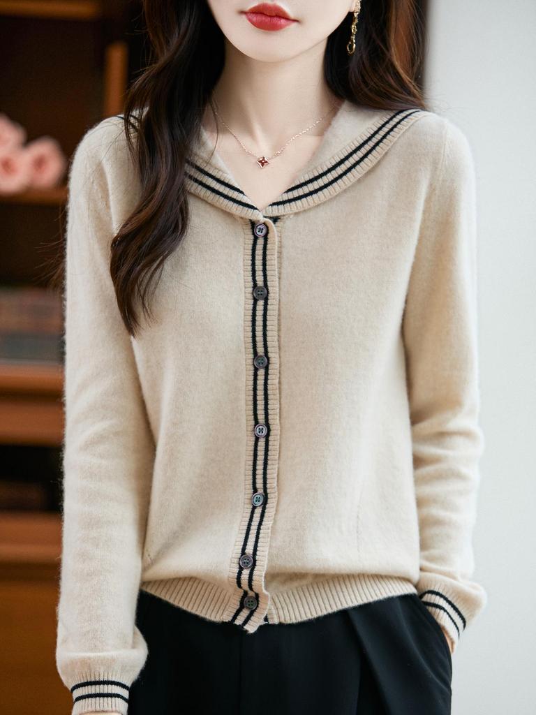 Women's Navy Color-Block Wool Cardigan - 100% Pure Wool, Loose Fit, Lapel Knit Design