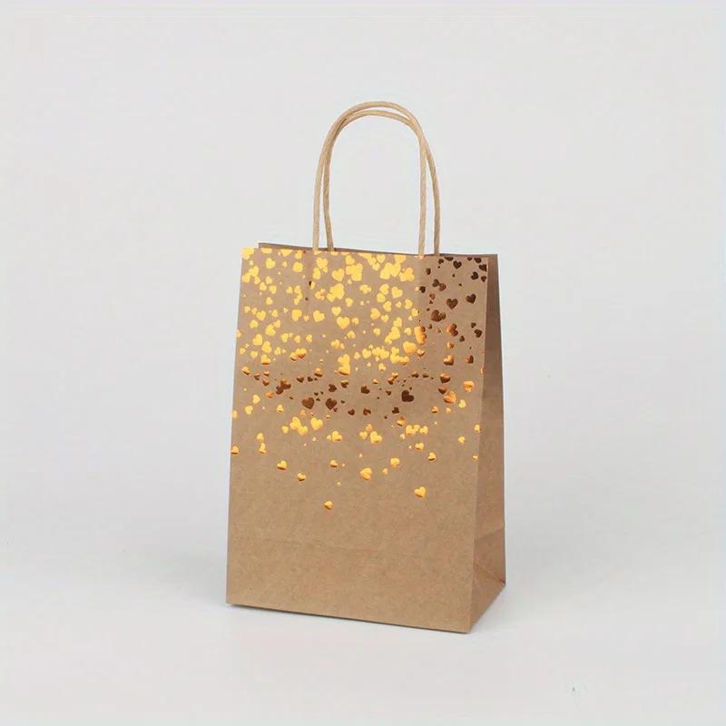 10pcs Kraft Paper Bag Hot Stamping Heart Handle Paper Bag Candy Cookies Gift Packaging Box Portable Bag