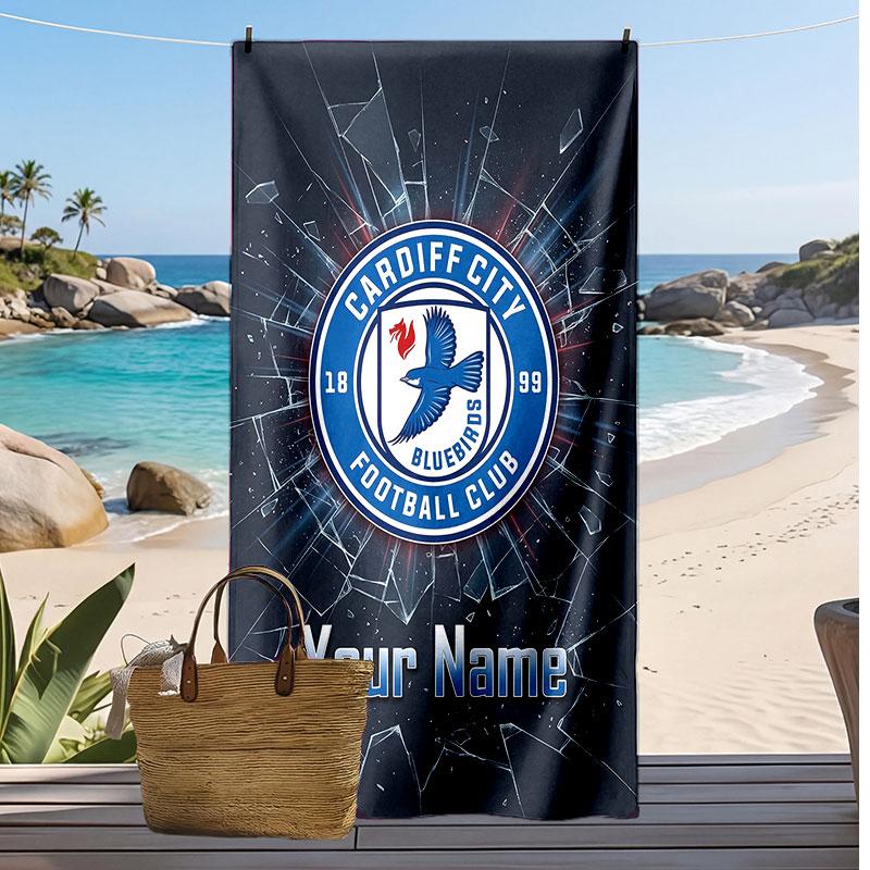 Cardiff City Personalized Printed Beach Towel Soccer Logo Support Custom Name Text Absorbent Towel For Sport Travel Special Gift