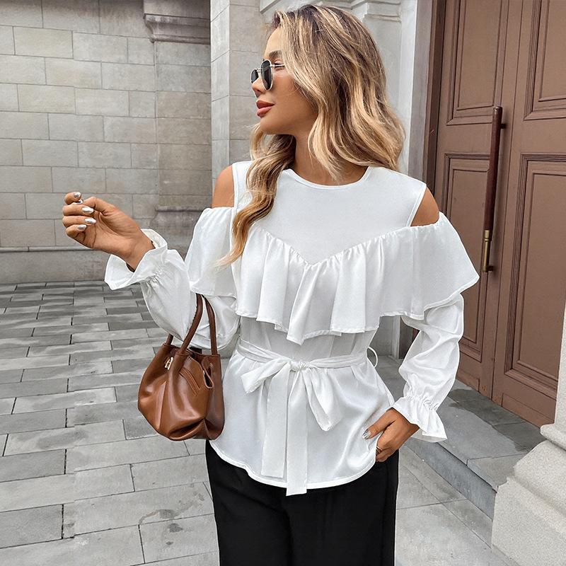 Womens Cold Shoulder Ruffle Trim Blouse Tie Waist Curved Hem Long Sleeve Shirts Casual Slim Fit Crew Neck Solid Tops