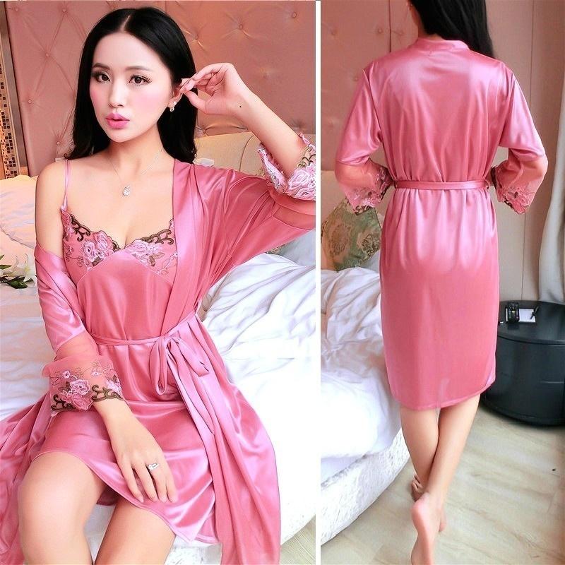 Women Fashion Soft Satin Two-Piece Pajamas Sets Ice Silk Nightgown Sleepwear