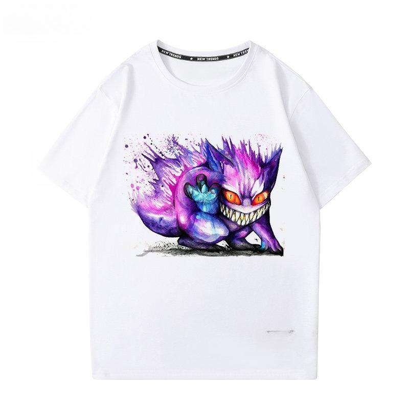 Pokémon Gengar Printing Tee Pure Cotton Tshirt Mens 2026 Summer Fashion Oversize Street Casual Y2K Tops Streetwear Clothing
