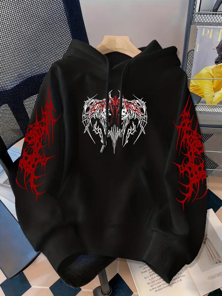 Dark wind gothic letter print hooded sweater men and women the same red loose street style top