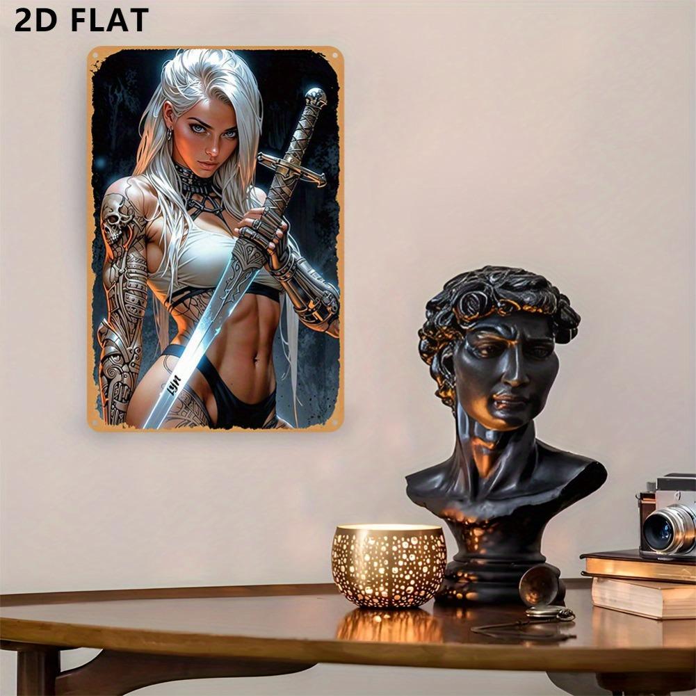 2D Flat, 1pc Vintage Woman with Sword Metal Tin Sign - 8x12 Inch Iron Wall Art, Fantasy Armor & Weapon Design