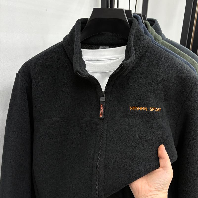 Men s Autumn 2025 Sherpa Fleece Jacket - Thick, Warm, Casual Stand Collar Cardigan 5XL чёрный