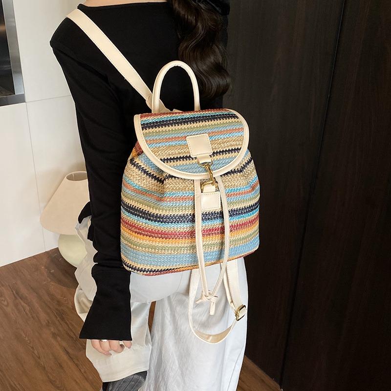 Summer Striped Woven Backpack Women's New Fashion Student Schoolbag Versatile Vacation Wind Backpack