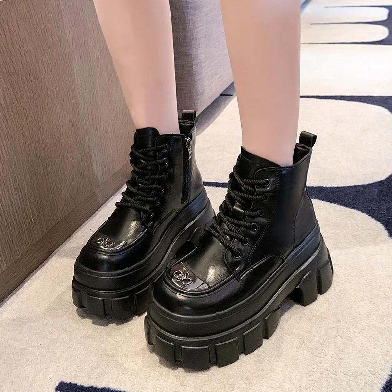 Modă 9CM Femei Piele Botine Gleznă Nou 2024 Toamnă Iarnă Pluș Cald Tocuri Pană Botine Groase Cizme Motociclete Fermoar Negru Pantofi Blană