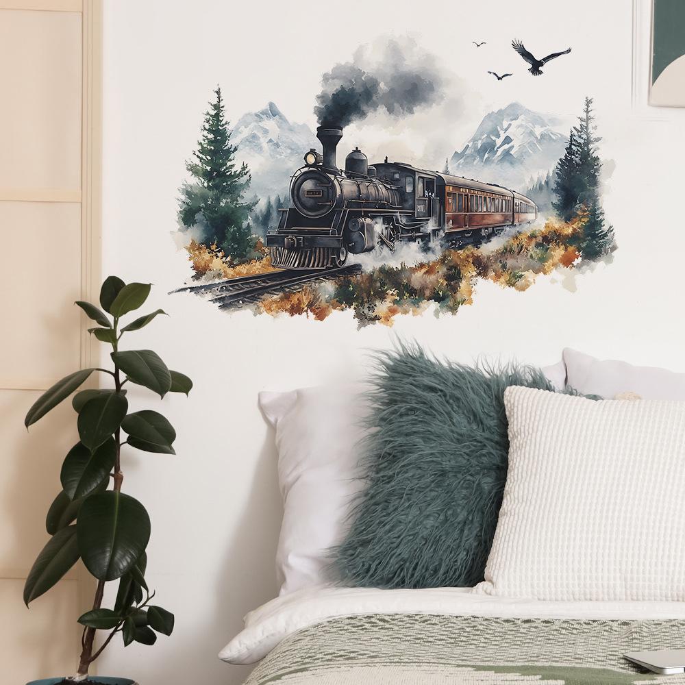 Artistic Watercolor Journey Train Wall Stickers Whimsical Self-Adhesive Wall Art for Bedroom and Living Room Home Decor