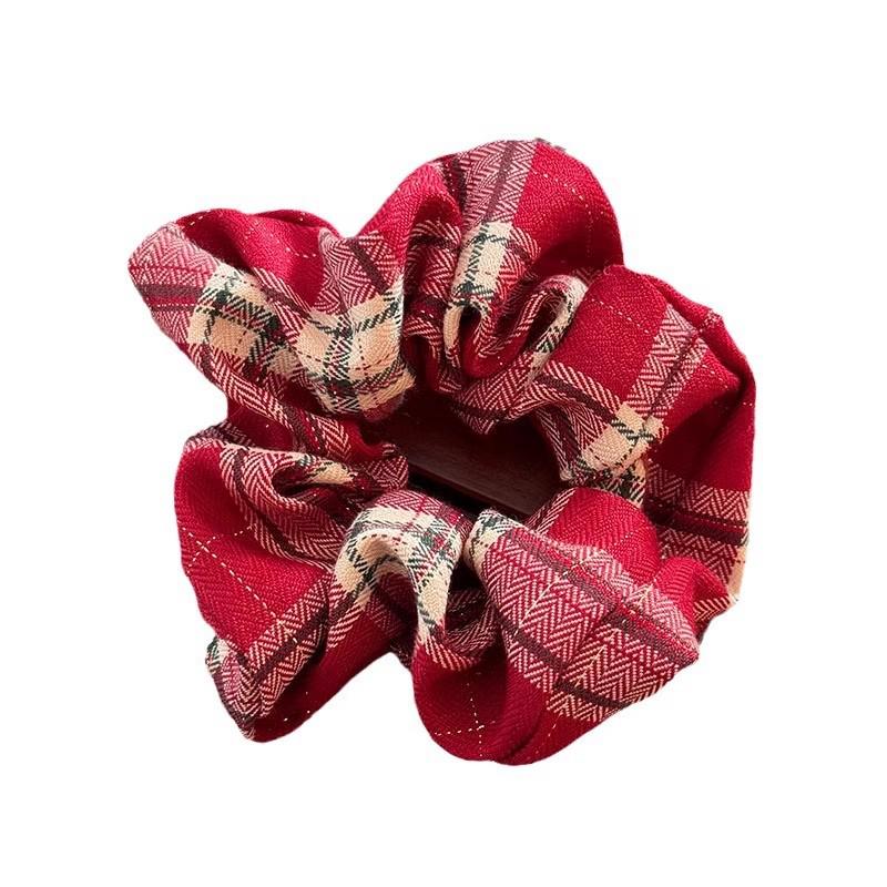 Women's Korean Style Red Lace Checkered Scrunchie - Festive New Year and Christmas Hair Accessory