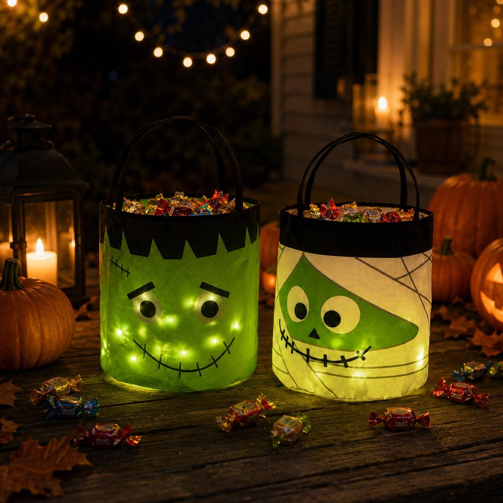 Light Up Halloween Candy Set of 4 - LED or Pails, AAA Batteries Not Included