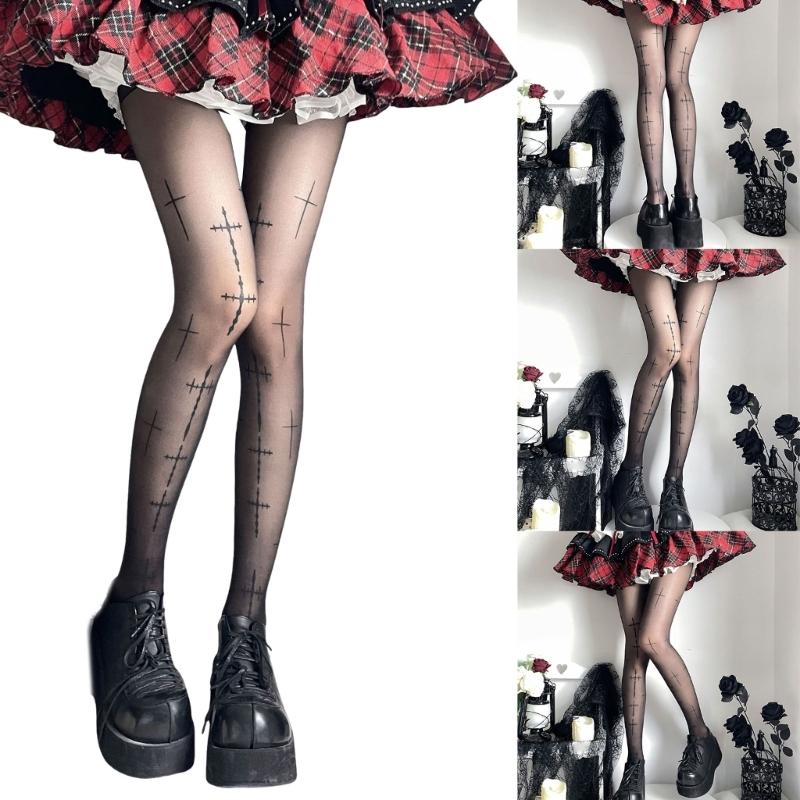 Gothic Style Mesh Tights With Edgy Crosses Motif Breathable Nylon For Women