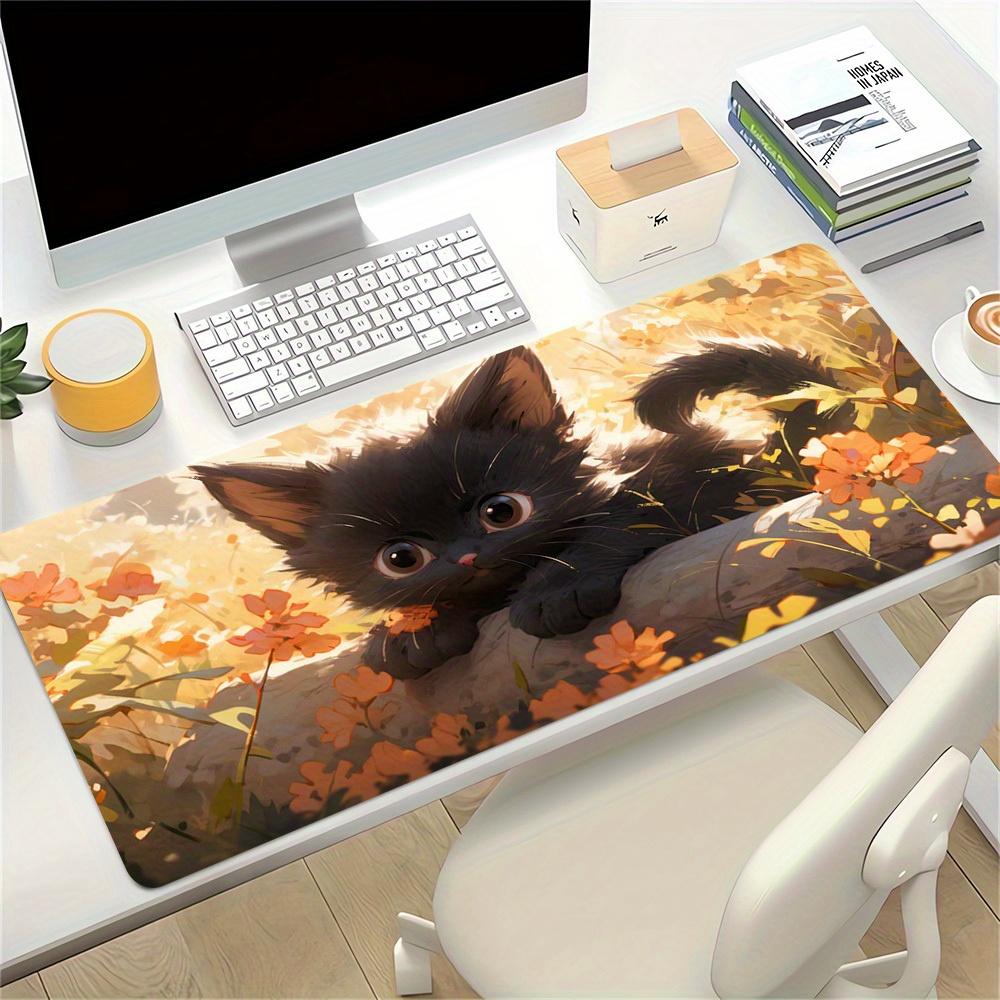 1pc Large Gaming Mouse Pad, UV Reactive Non-Slip Desk Mat, Washable PolyesterCate, Kitten, FlowersComputer Pad with Vibrant Game Machine Pri