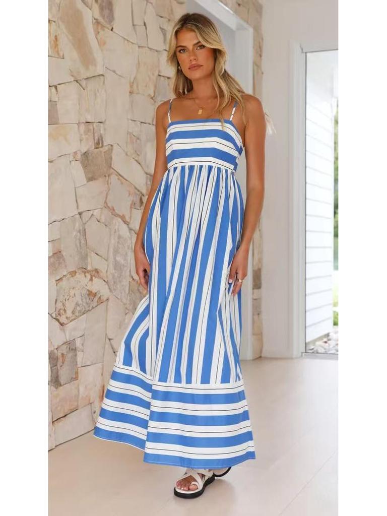 Spring/Summer 2024 Striped Off-Shoulder Wide-Hem Camisole Dress - Fresh Casual Vacation Style