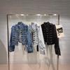 GlowGirl Jaro Podzim Vintage Modrá Úzká Krátká Džínová Bunda Dámská Stojáček Víceknoflíkový Design Dlouhý Rukáv Džínová Bunda Streetwear