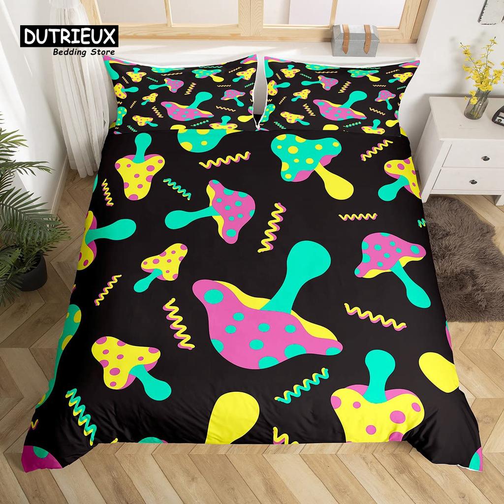 Cartoon Mushrooms Duvet Cover Kawaii Fungus Bedding Set Wild Mushroom Stuff Comforter Cover Twin King for Boys Girls Room Decor
