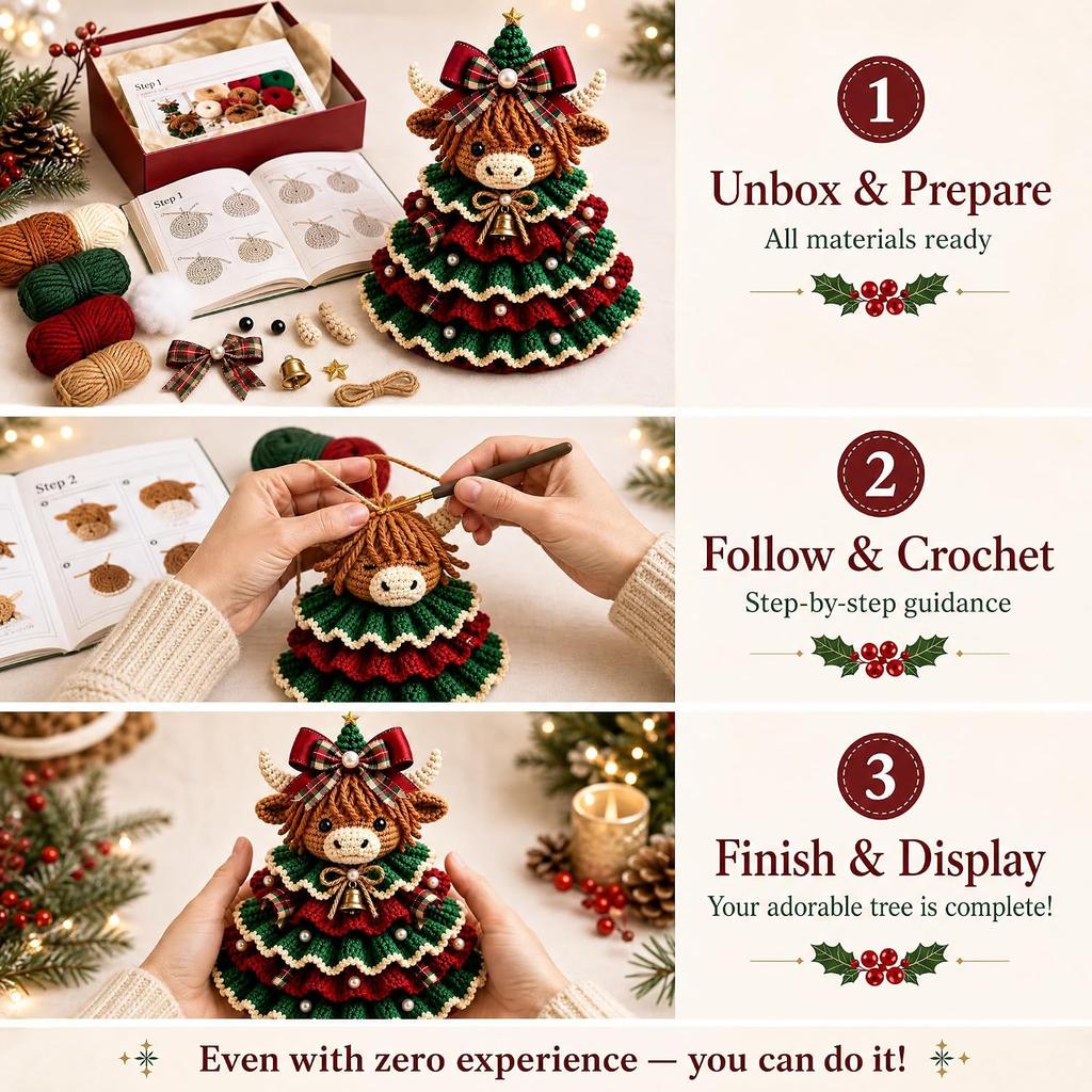 Crochet Christmas Tree Ornament DIY Set with Yarn Beads Hook Stuffing - Handmade 3D Reindeer Holiday Decor for Table Mantel Shelf Festive Xmas