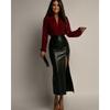 Qooth Elegant Women A Line Irregular PU Bodycon Skirt Slim Mid Length Zipper Casual Skirt QT2711