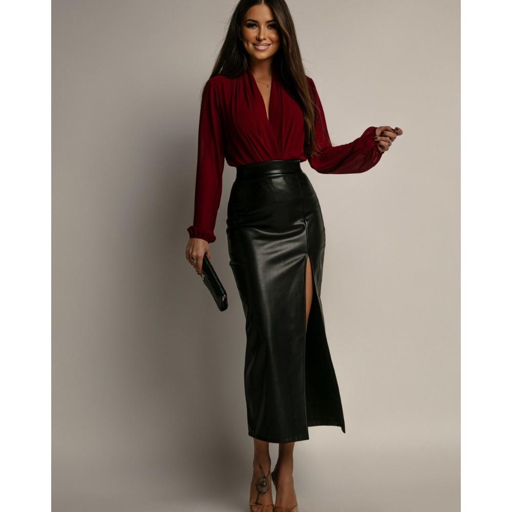 Qooth Elegant Women A Line Irregular PU Bodycon Skirt Slim Mid Length Zipper Casual Skirt QT2711