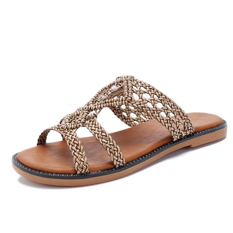 Retro vacation style woven cool slippers women's outer wear summer new niche flat sandals
