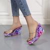 Fashion Printing Wedges High Heels Slippers for Women Gladiator Sexy PVC Transparent Peep Toe Ladies Slides Summer Retro Platform Sandal
