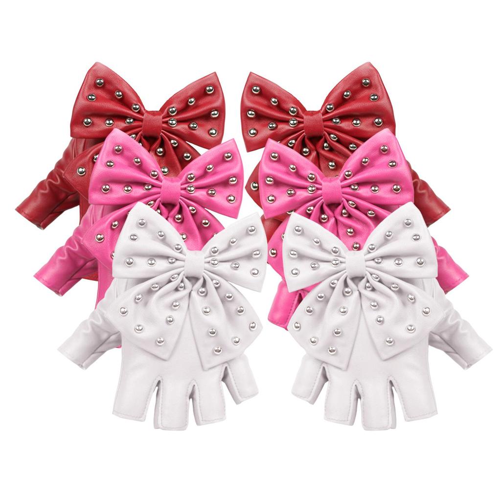 PU Leather Fingerless Gloves Big Bowknot Dance Gloves for Cosplay Costume