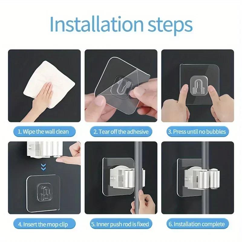 Mop Holder Storage Rack Bathroom Suction Hanging Pipe Traceless Mop Clip Broom Hanger Wall-Mounted Waterproof Rack White Amagi