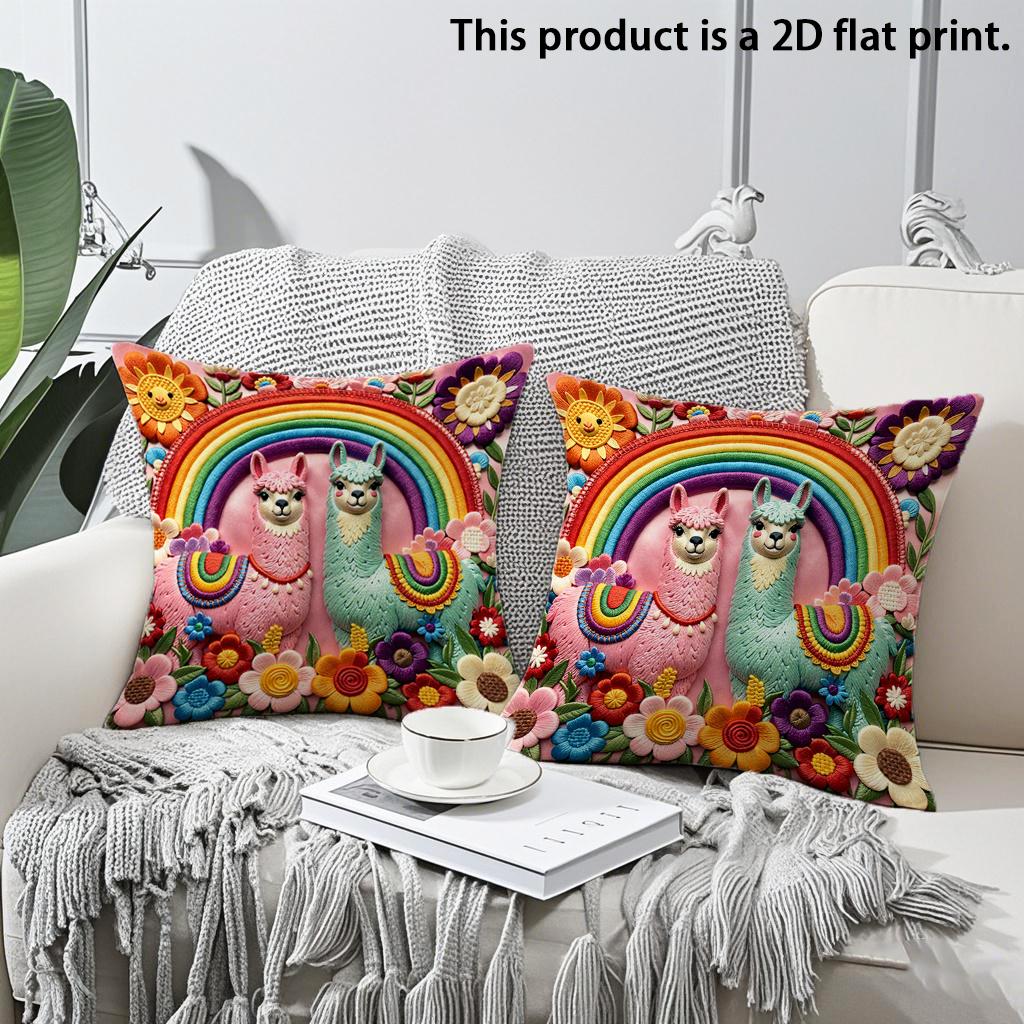 

2pcs Bohemian Rainbow Llama Throw Pillow Covers Cute Floral Animal Decorative Cushion Cases for Home Sofa Bedroom Living Room 45x45cm-2pcs