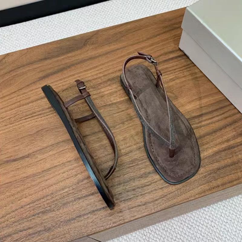 Sheepskin rhinestone flat bottom retro toe sandals women's leather simple flip-flops women's shoes beach roman cool slippers