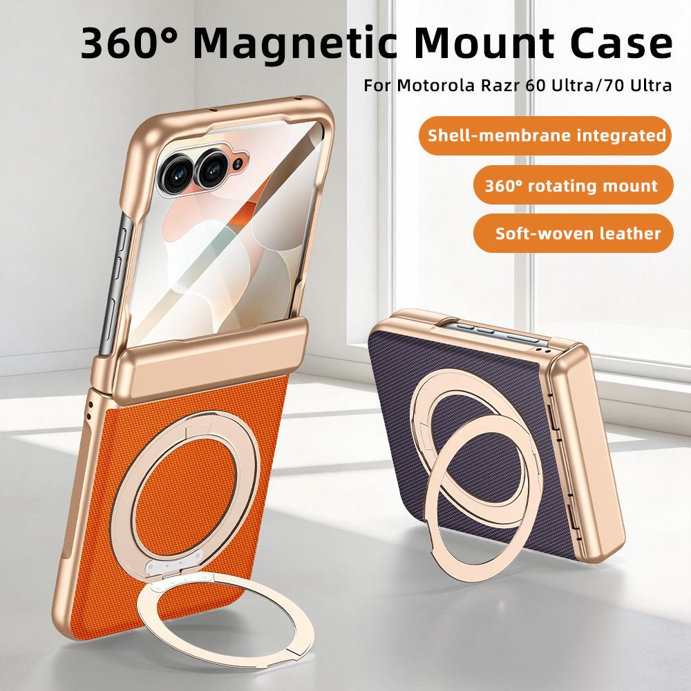 Galvanisierte Leder-Funda für Motorola Razr 60 Ultra 70 Ultra Scharnier-Case Drehbarer Magnetischer Ring Ständer Abdeckung mit Kleiner Bildschirmfolie