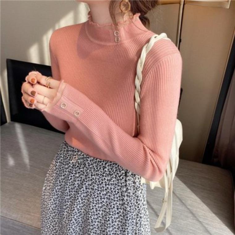 Semi High Neck Base Layer Women Autumn New Slim Fit Knit Top Versatile Lace Trim Sweater